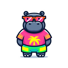 Naklejka premium Tropical hippo tourist in colorful vacation outfit. Vector illustration for summer travel, beach holidays or exotic destination marketing concepts.