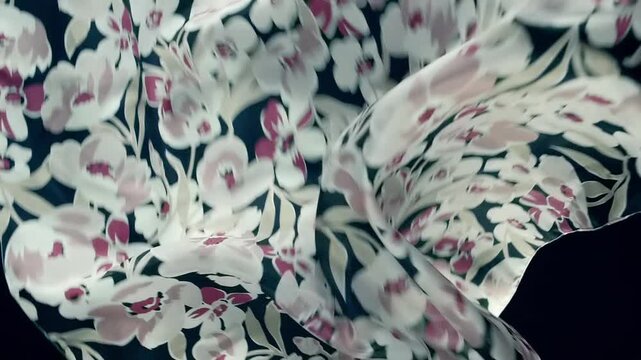 Fabric with a beautiful floral pattern falls, fluttering on a black background. Closeup. Macro. Slow mo, slow motion, high speed camera, 200fps