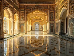 Obraz premium Ornate interior of a large building with archways and reflected light