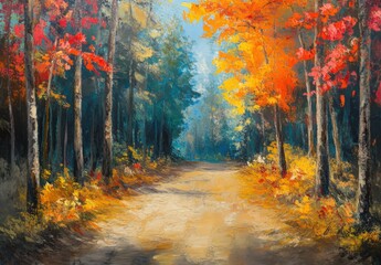 Autumn forest road at warm sunny fall morning