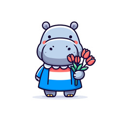 Naklejka premium Light blue hippo holding bouquet of tulips. Vector illustration perfect for spring themes, floral gift concepts or special occasion celebration imagery.