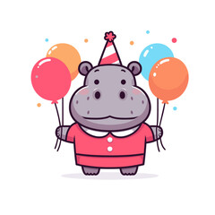 Fototapeta premium Birthday hippo in red outfit with party hat and balloons. Vector illustration concept for celebration event company mascot or greeting card character design.