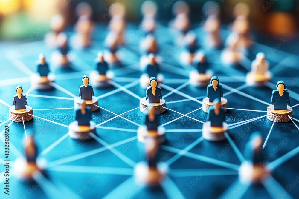 Wall mural network connectivity with paper figures representing people connected by lines on a digital backgrou
