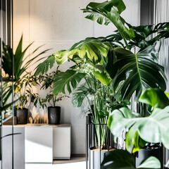 A modern hotel room with a stylish living area featuring plants, flowers, and natural light from the window The room has furniture, decor, and a cozy atmosphere, bringing nature indoors