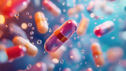 Assorted red white and blue pills on a blue background representing medicine and healthcare
