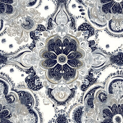 Vintage floral seamless pattern with ornate leaves and mandala design