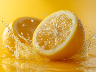 Fresh sliced orange and lemon on a yellow background