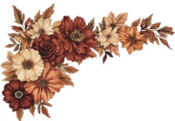 Autumn floral illustration clipart. Fall corner border and frame. Burnt orange, terracotta and earth tone flowers for rustic wedding design, greeting cards, thanksgiving decoration.