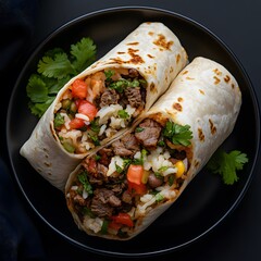 Delicious Beef Burrito Sliced, Black Plate, Studio Shot, Food Blog