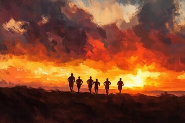 Fototapeta premium Silhouetted Runners Against a Stunning Sunset Sky and Colorful Clouds