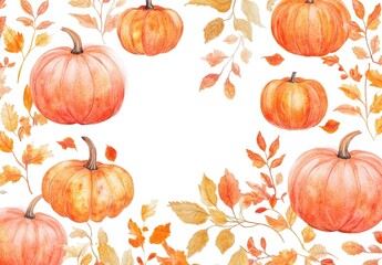 Autumn Leaves and Pumpkins on White Background