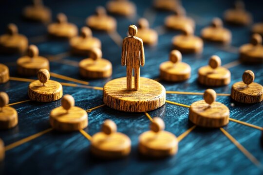 Wooden figures symbolize a network of connections with one figure standing out, representing leadership and influence in a collaborative environment
