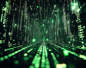 A futuristic cityscape of green glowing lines and lights