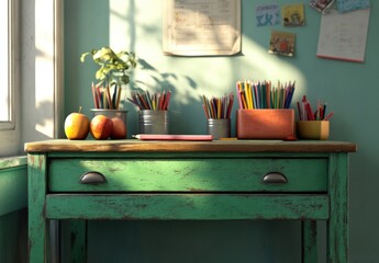 Back to school. Green desk with school supplies.