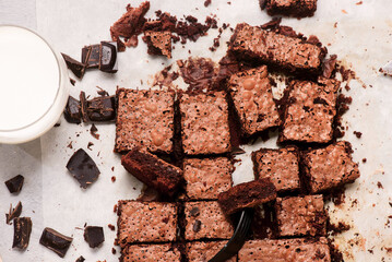 Chocolate brownie cut into squares.top veiw