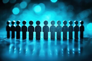 Silhouette of Wooden Figures in a Row with a Blue Bokeh Background Creating a Sense of Community and Connection in a Unique and Artistic Composition