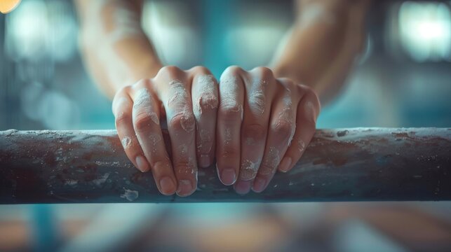Gymnast's Hands on Parallel Bars Dynamic Action Shot Highlighting Strength and Precision