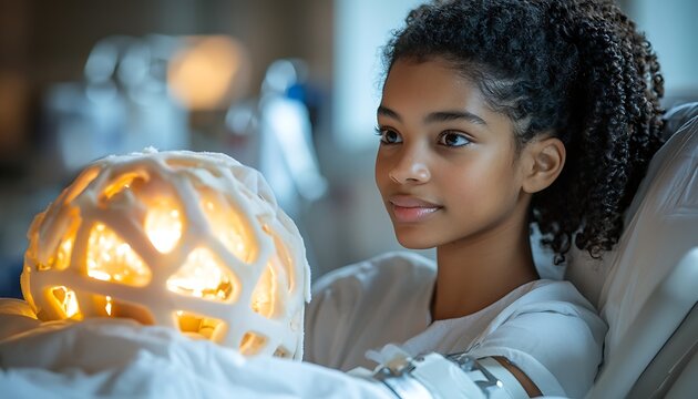 Girl gazing at glowing lamp in hospital