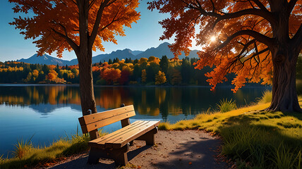 Peaceful Autumn Lakeside Bench with Vibrant Fall Foliage