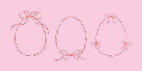Set of pink ribbon bow easter eggs coquettish frames. Hand drawn cute line doodle illustration. Spring border whimsical wavy girly border. Celebration invitation template. Vintage background