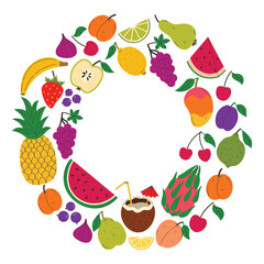 Bright summer round border with fruits and berries isolated on white background. Summer juicy frame. Modern trendy design for card, cover, poster.
