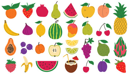 Set of colorful fruits and berries. Modern abstract minimal style. Natural tropical fruits collection. Cherry and apple, peach and lemon, banana and pomegranate, pineapple and fig.
