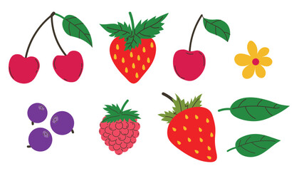 Berries set in modern minimal style. Cherry and raspberry, blueberry and strawberry. Fresh summer juicy berry collection.