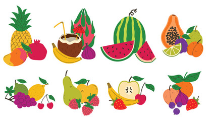 Tropical fruit compositions set. Summer juicy food still life collection. Watermelon and coconut, citruses and berries.