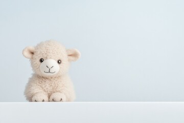 solitary soft handmade animal toy perched gently on unadorned white backdrop its eyes reflect innocence and vulnerability