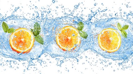 Orange Slices Splash, Surrounded by Mint, in Sparkling Water, White Backdrop - Refreshing