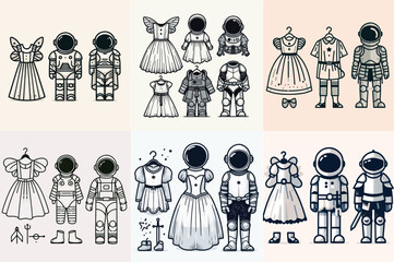 Fototapeta premium vector design of kids' dress-up clothes, including a fairy dress, astronaut suit, and a knight's armor