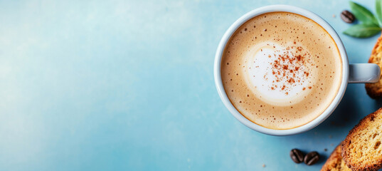 frothy cappuccino with cinnamon topping served alongside biscotti on blue background