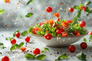 Colorful salads bounce through the air and land in bowls on a white table.