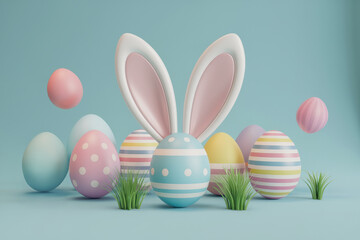 Blue Easter egg with bunny ears surrounded by colorful pastel eggs and floating decorative spheres on a soft blue background