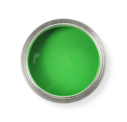 Can of green paint isolated on white, top view