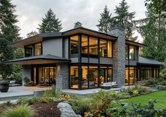 A modern home in the Pacific Northwest with gray horizontal trim and stone accents, large windows, a covered porch with a patio area, and concrete flooring