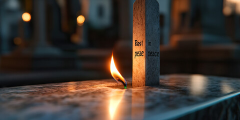 Lit Candle and "Rest in Peace" Marker on Granite Surface