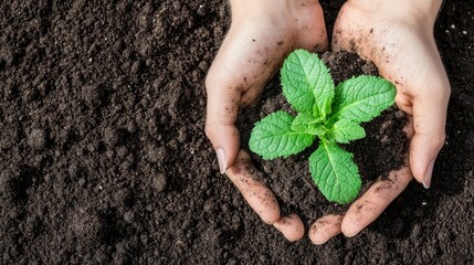Close-up of hands holding soil with a young plant, a banner for an environment and nature protection day concept. Green background with sun rays. Stock photo contest winner, high resolution, good ligh
