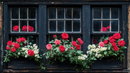 Fototapeta premium Antique wooden window with vibrant roses and flowers