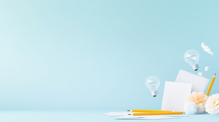 flat design illustration captures creative workplace scene where stationary tools like pencils papers and light bulbs