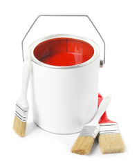 Can of red paint and brushes isolated on white