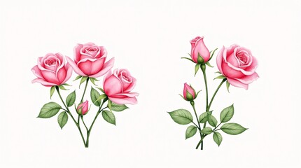 Fototapeta premium A set of pink roses isolated on a white background
