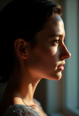 Fototapeta premium Minimalist and Dramatic Black Background Portrait of a Woman with Sharp Lighting Effects