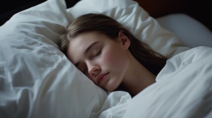 A young woman is sleeping peacefully in a bed with white sheets. She is snuggled up under the covers, and her eyes are closed, as if she is relaxing after waking up from sleep. The close-up shot focus