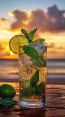 Refreshing mojito with fresh mint, crushed ice, and lime at a beachside bar at sunset