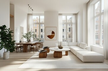 Beautiful white living room with light wooden floors, modern furniture, and plants