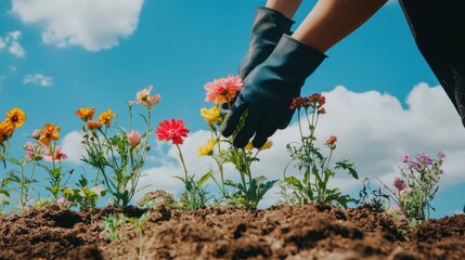 A person wearing gardening gloves is planting flowers in the garden, surrounded by rich brown soil and colorful blossoms. The background features a bright blue sky with white clouds, creating an invit