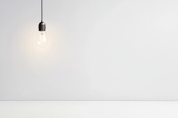 solitary clean light bulb hanging from simple white ceiling softly illuminating scene symbolizes spark of creativity