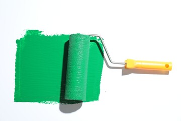 Smear of green paint and roller on white background, top view