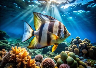 Obraz premium Teira Batfish Underwater Macro Photography with Bokeh, Vibrant Coral Reef Background